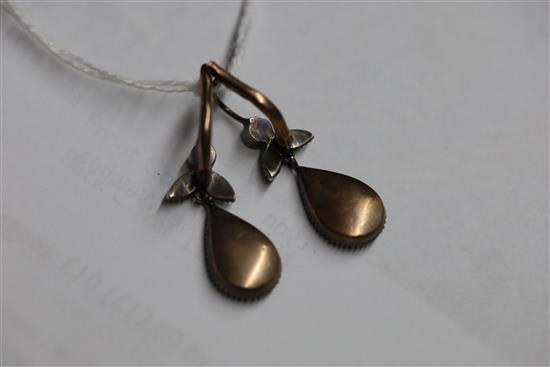 A pair of antique gold, silver and rose cut diamond set teardrop shaped drop earrings, 25mm.